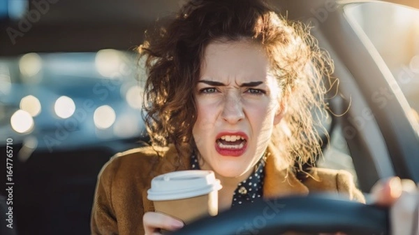 Fototapeta Driver with messy hair yelling at windshield in emotional breakdown Image 4K UHD