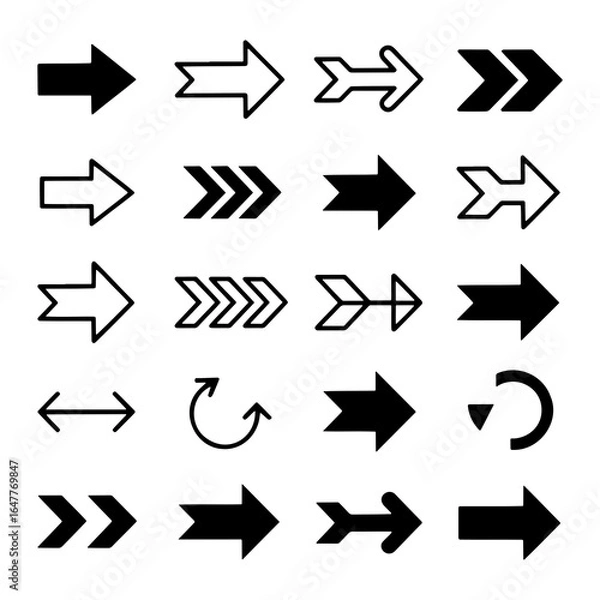 Fototapeta Collection of black and white directional arrows and symbols navigation pointer