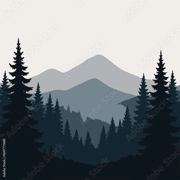 Fototapeta "Mountain landscape vector illustration – scenic pine forest silhouette with layered hills for nature, adventure, and outdoor design projects."