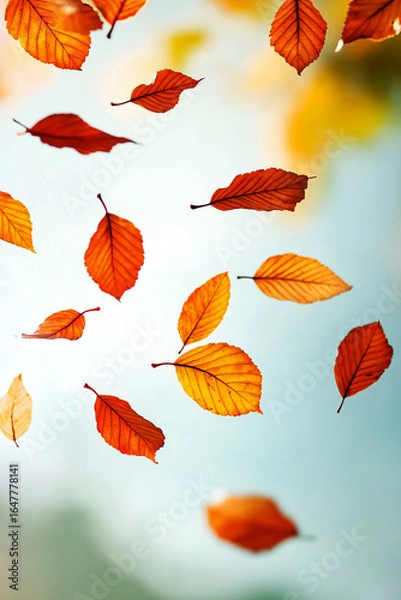 Fototapeta Falling autumn leaves in various colors on a blurred background. Concept of fall, nature, simple, minimalist.