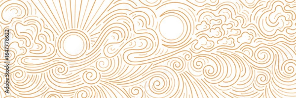 Fototapeta Sun, moon, cloud pattern, bg. Line sea, ocean wave