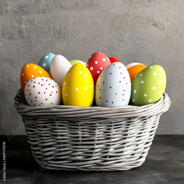 Fototapeta Polka-dotted Easter eggs in a gray woven basket against a gray background. Concept of Easter, spring, celebration.