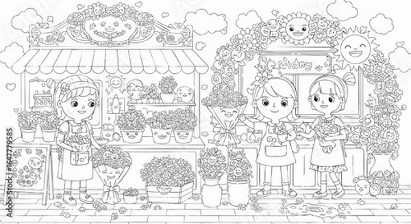 Fototapeta Charming Floral Village Scene A Whimsical Coloring Page for All Ages