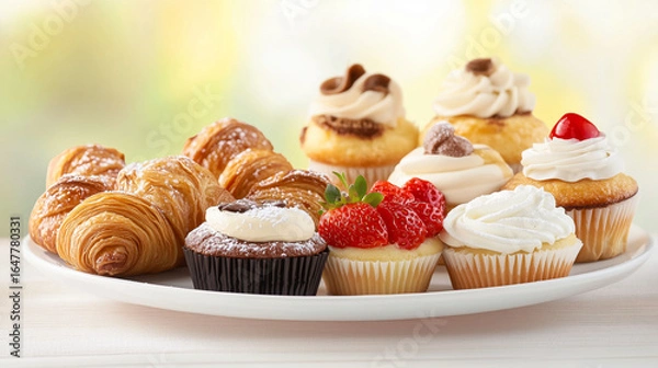 Fototapeta A delightful mix of pastries and cupcakes on a white plate.