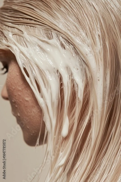 Fototapeta Close-Up of Lathered Hair with Creamy Conditioner Dripping Down, Showcasing Smooth Texture and Shine for Hair Care Enthusiasts