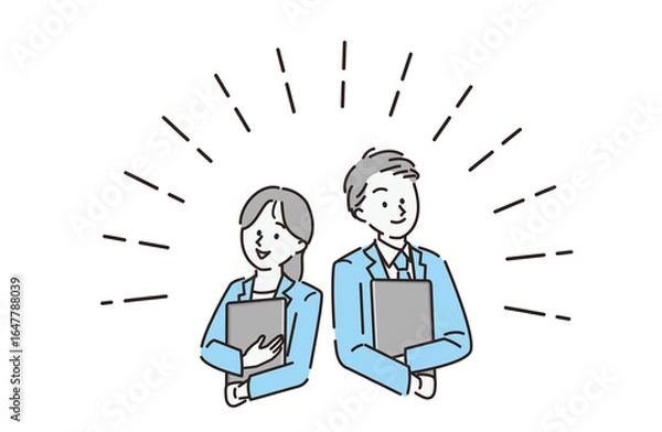 Obraz スーツを着ている男女が笑顔で背中を合わせているイラスト