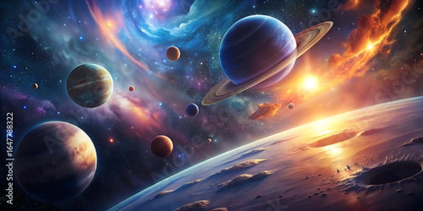 Obraz Space scene with planets and glowing nebula