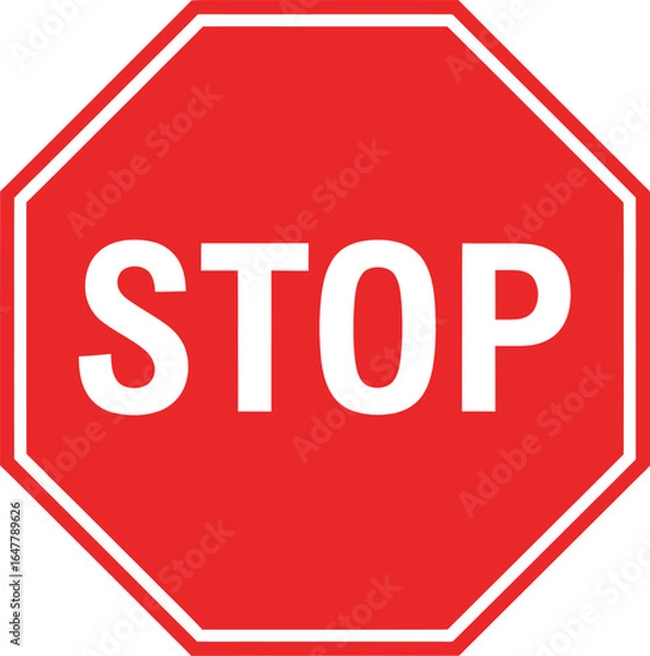 Fototapeta Red stop sign with white text isolated on white background, a traffic control device used to indicate that drivers must stop before proceeding