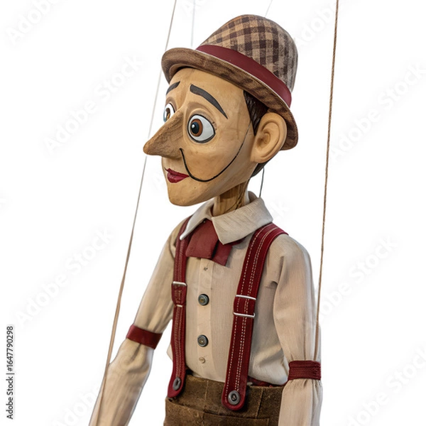 Obraz A wooden marionette puppet with movable limbs, painted face, wearing vintage clothes, isolated on transparent background, realistic lighting, high detail