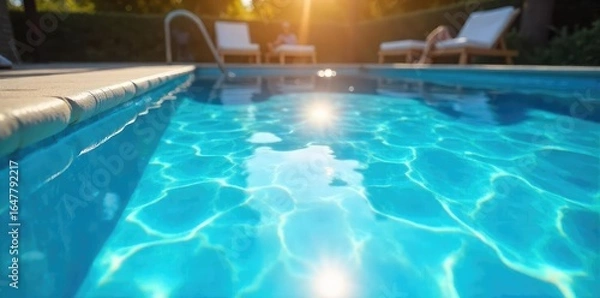 Fototapeta Sparkling blue swimming pool water shimmering under the summer sun, inviting and refreshing Perfect for summer vacation or relaxation themes , spa, toys