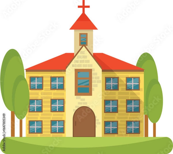 Fototapeta Cartoon Church Building with Trees and a Green Lawn