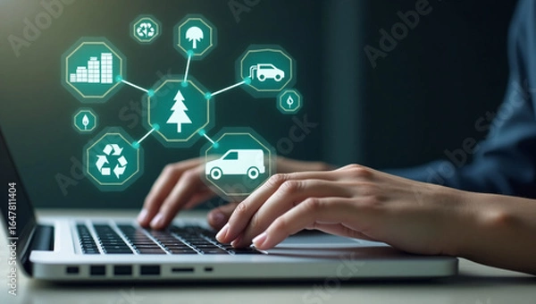 Fototapeta Hands type on a laptop, with glowing green eco themed icons (trees, recycling, maps) floating above, representing sustainable technology or environmental innovation.
