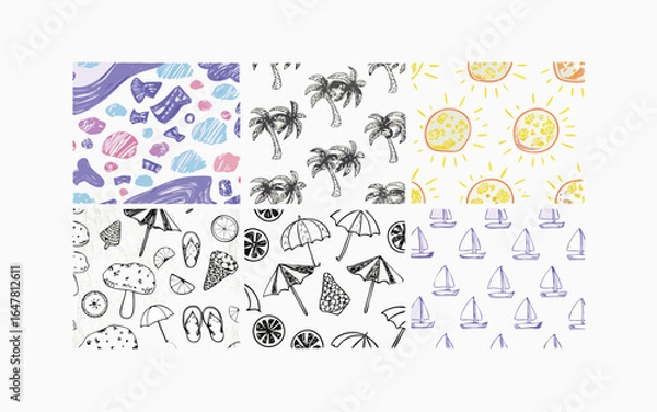Obraz Italian coastal holiday doodles with pizza, wine, citrus trees, beach umbrellas, palm trees, seashells, sailboats, and bright sunny weather
