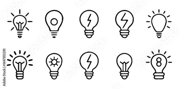 Fototapeta Set of ten lightbulb icons isolated on white background presenting different designs, including a classic bulb, a bulb with a lightning bolt, and a bulb with a sun symbol, all in black outline