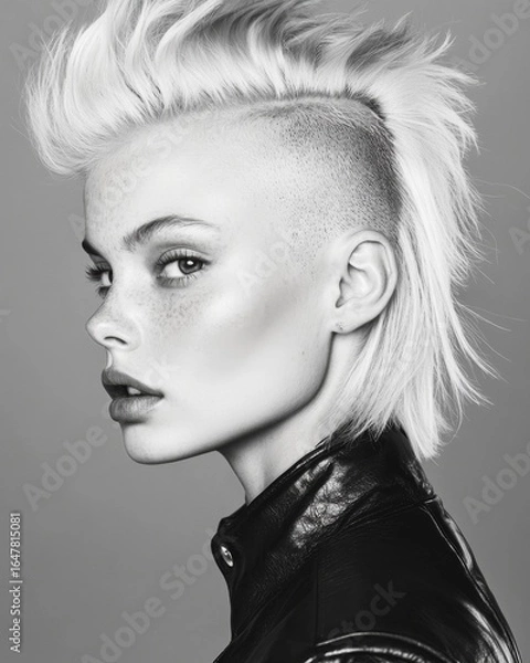 Fototapeta A striking monochrome portrait showcasing a confident individual with a bold mohawk hairstyle, highlighting unique facial features and high-fashion aesthetics.