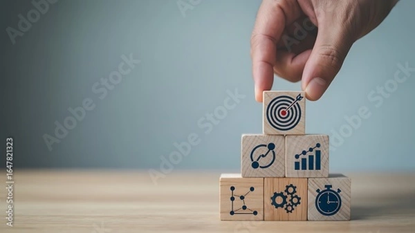 Obraz Building Business Success Conceptual Tower of Wooden Blocks with Strategy and Goal Setting