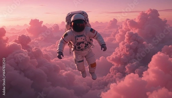 Fototapeta An astronaut floating across a pink cloudscape in a spacesuit