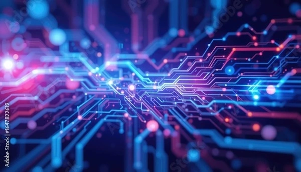 Fototapeta Abstract vector circuit board background with blue and red light effect on a dark purple background, a technology banner design for a website layout template Generative AI