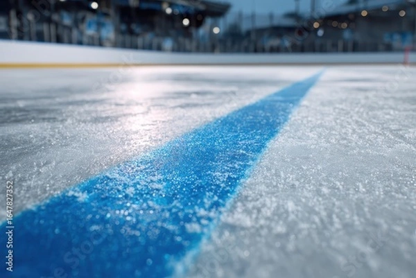Fototapeta Realistic close-up of a blue line on a hockey rink capturing the essence of a thrilling game at an ice arena during a vibrant winter evening