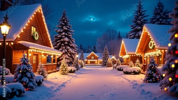 Obraz Enchanting snowy village illuminated by twinkling christmas lights