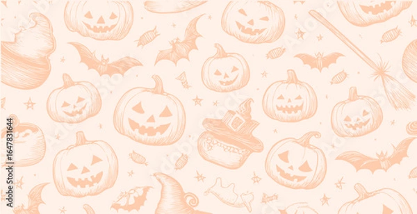 Fototapeta Halloween themed, hand drawn simple autumn pattern. Fall print with pumpkins and other elements drawn in vector, detailed wallpaper