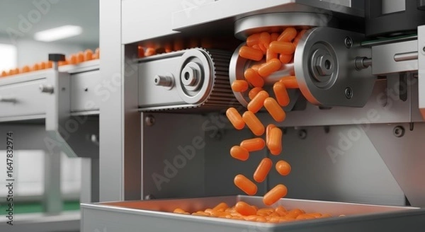 Obraz Pharmaceutical production line showcasing the automated process of capsule manufacturing with high
