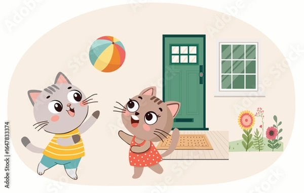 Obraz happy adorable two cats playing with ball