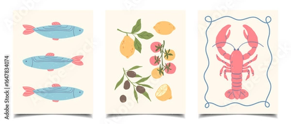 Fototapeta  set of minimalist summer posters in a Mediterranean style with seafood, lemons, olives, and tomatoes. Fish, a composition of lemons, olives, and tomatoes, and a red lobster framed by wavy lines