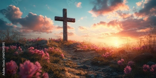 Fototapeta Sunset view of a stone cross surrounded by vibrant flowers on a peaceful hillside