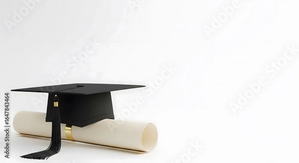 Fototapeta Graduation Cap and Diploma on a White Background with Copy Space.