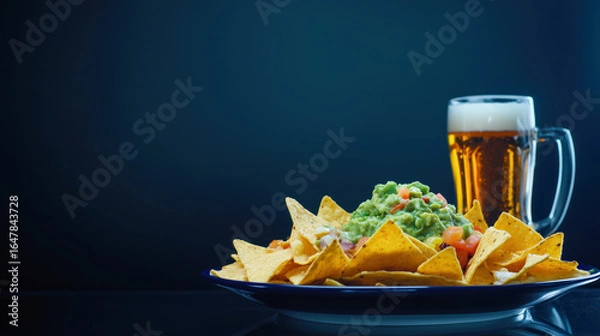 Fototapeta Plate of nachos topped with guacamole beside a frothy beer glass.