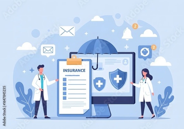 Fototapeta Medical professionals illustrating health insurance with umbrella and shield concept. A symbolic representation of healthcare protection and financial security