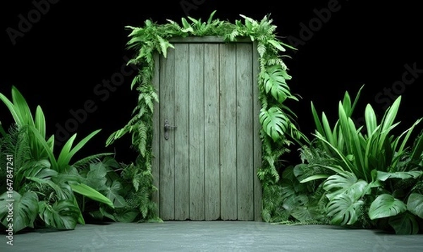 Fototapeta Verdant Gateway. Wooden door framed by lush, thriving greenery against a stark black backdrop. Foliage spills onto the floor, creating an inviting yet mysterious entrance