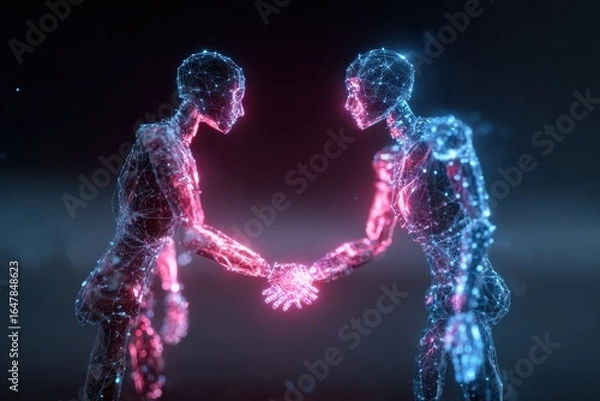 Fototapeta Ai hologram represents agentic autonomy through connection and collaboration between simulated figures in a futuristic setting