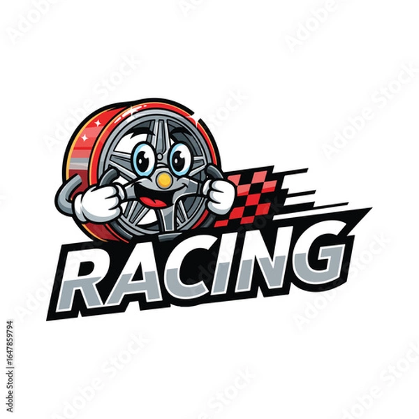 Fototapeta Cartoon wheel character with a steering wheel checkered flag and RACING text