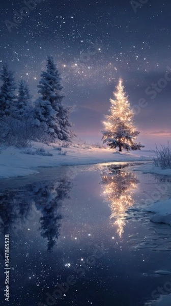 Fototapeta Winter landscape with a glowing Christmas tree and starry sky by a frozen river at dusk