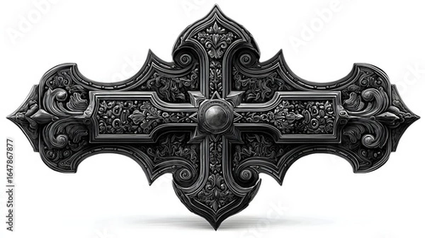 Obraz Ornate Black Metal Cross with Intricate Carvings and Gothic Style for Religious or Decorative Use