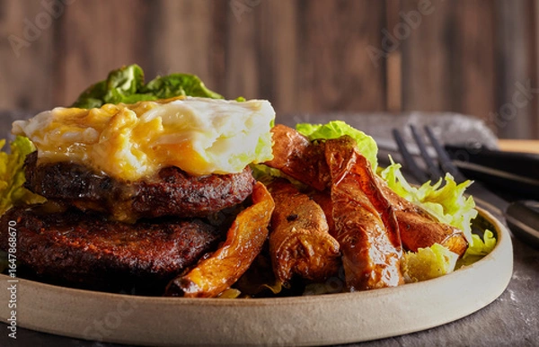 Obraz Burgers with potato wedges salad and egg.
