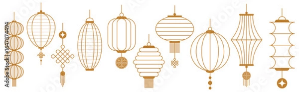 Fototapeta Collection of traditional Chinese lanterns. Chinese New Year decorations and symbols. Design elements for banners, cards, posters. Flat style. Vector illustration