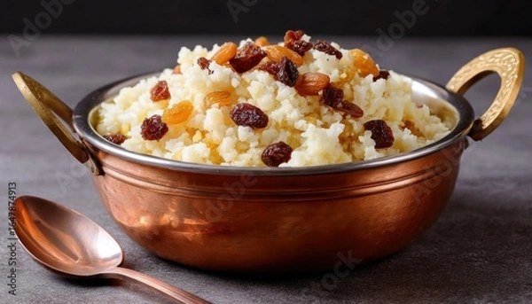 Fototapeta Delicious kesari bhath garnished with raisins in copper pot with spoon
