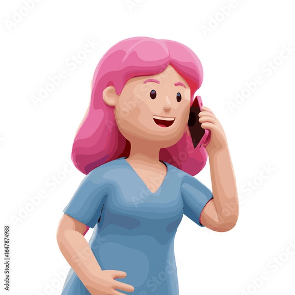 Fototapeta Woman talking on the cellphone illustration in 3D Cartoon style, White Background