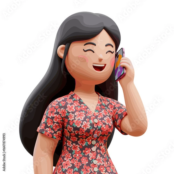 Fototapeta Woman talking on the cellphone illustration in 3D Cartoon style, White Background