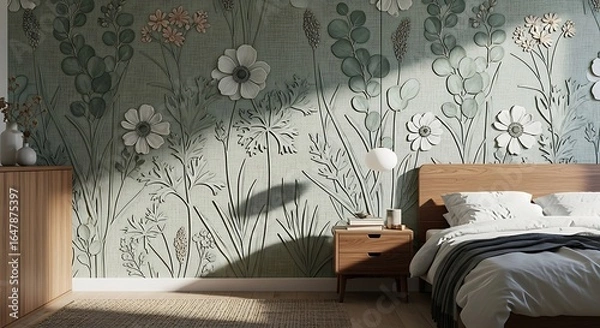 Obraz Ai generated image of modern bedroom with floral wallpaper and natural light