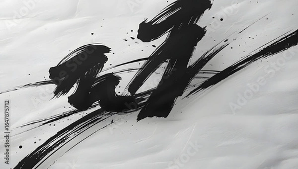 Fototapeta Abstract grunge background with black ink splash drawing of a Japanese woman silhouette with kanji character design