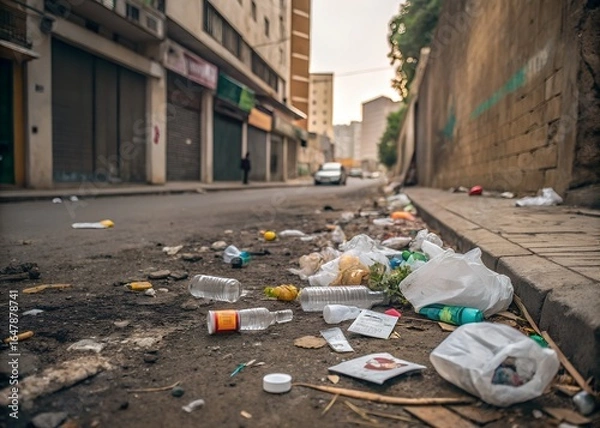 Fototapeta Urban street scene filled with litter and debris on the sidewalk and road