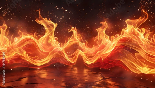 Fototapeta Fiery orange flames dance against a dark background, creating a hot, burning inferno of light and energy