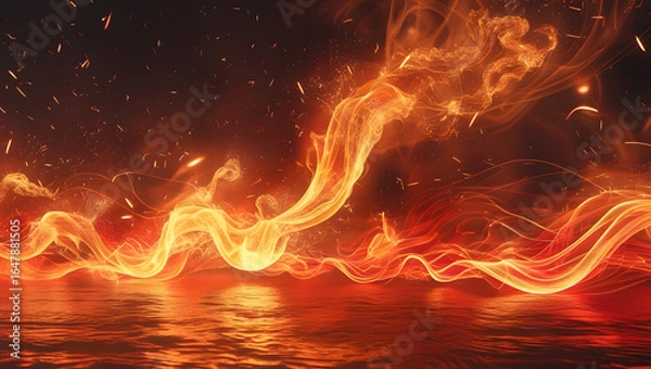 Fototapeta Fiery orange flames dance against a dark background, creating a hot, burning inferno of light and energy