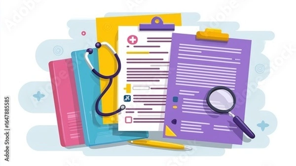 Fototapeta Stacks of medical documents and patient files, illustrating healthcare bureaucracy, paperwork overload, and administrative processes in hospitals and clinics.