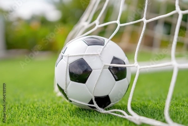 Fototapeta Soccer ball hitting the net after scoring goal on green grass field