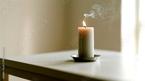 Fototapeta Burning candle on a white table with smoke in a bright room
